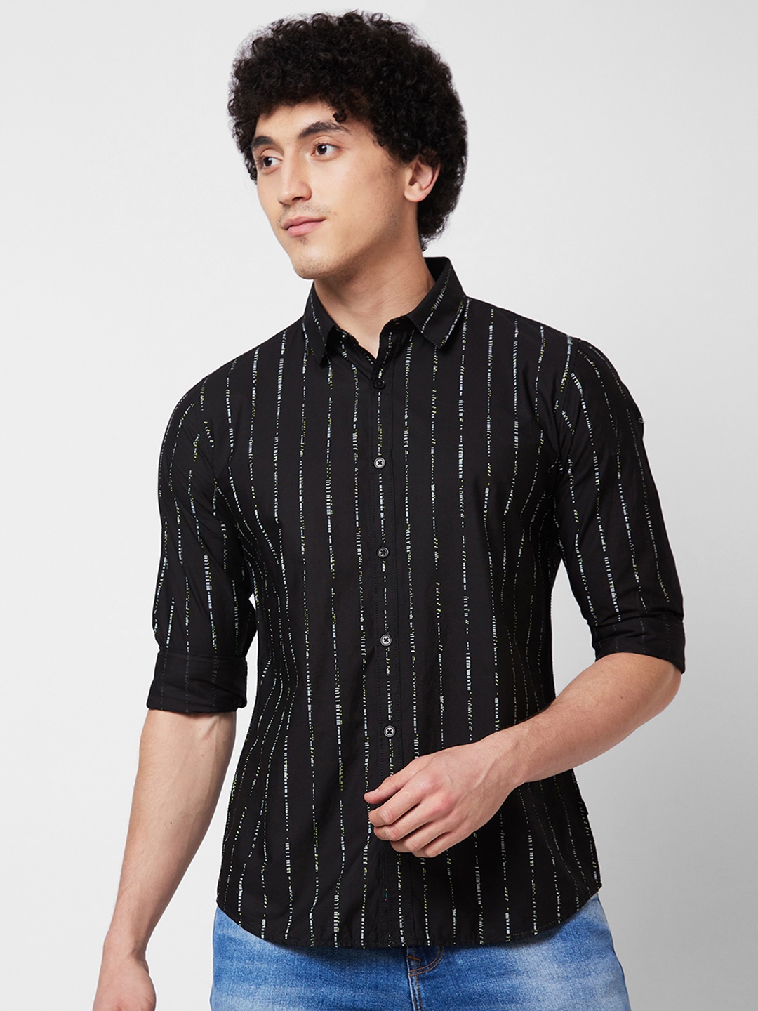 

SPYKAR Vertical Stripes Spread Collar Long Sleeves Cotton Casual Shirt, Black