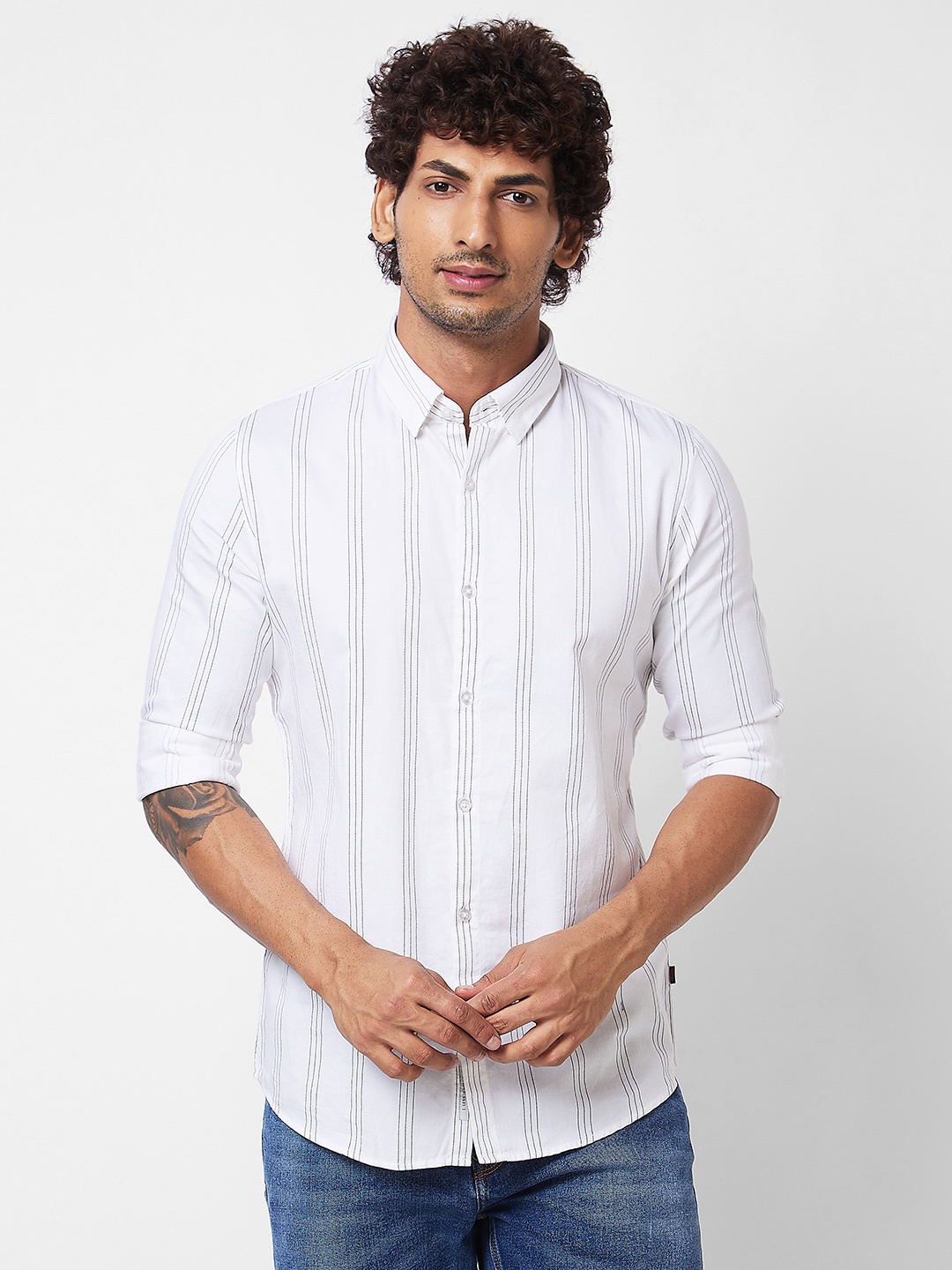 

SPYKAR Vertical Striped Cotton Shirt, White