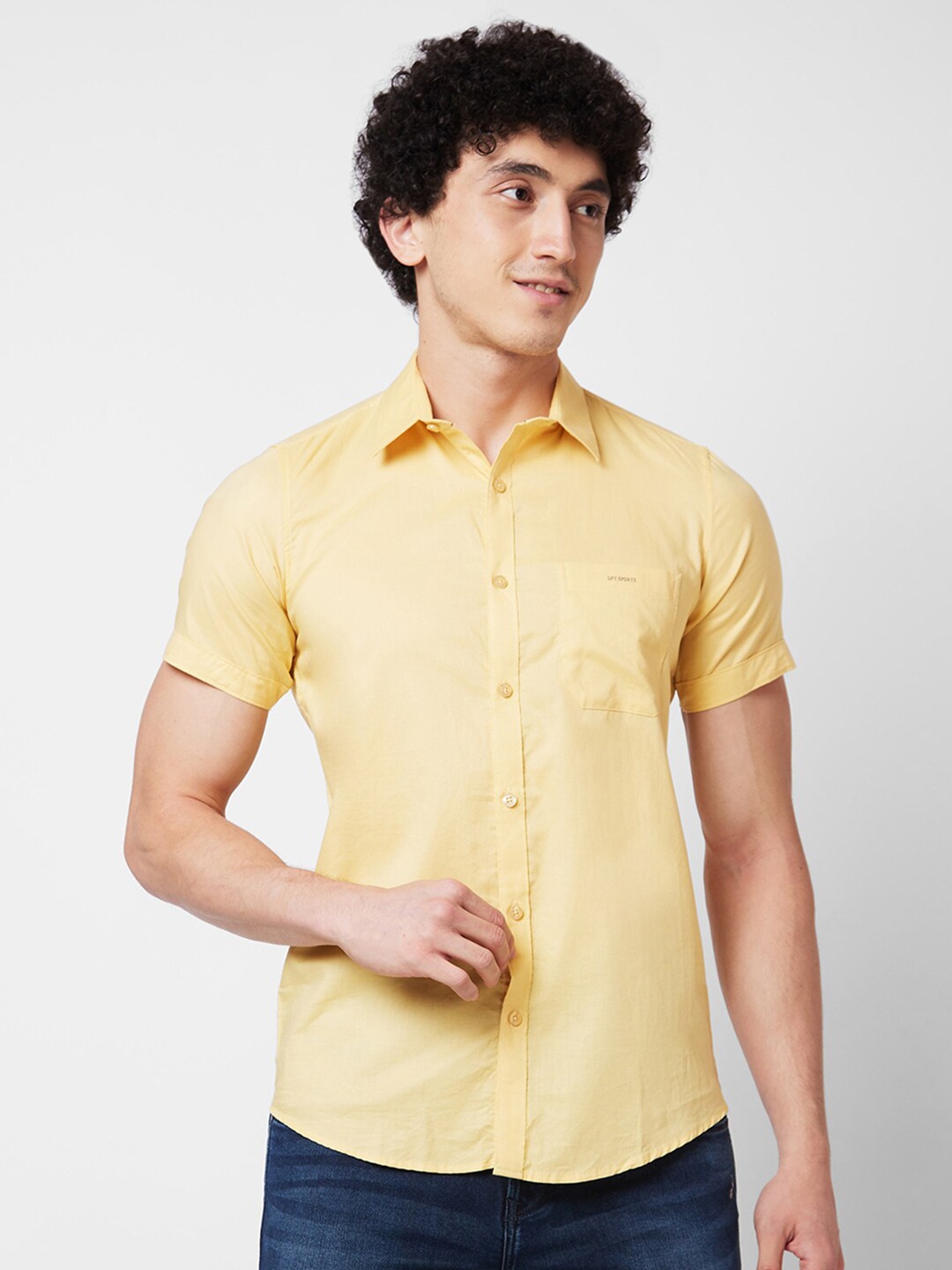 

SPYKAR Short Sleeves Regular Fit Cotton Opaque Casual Shirt, Yellow