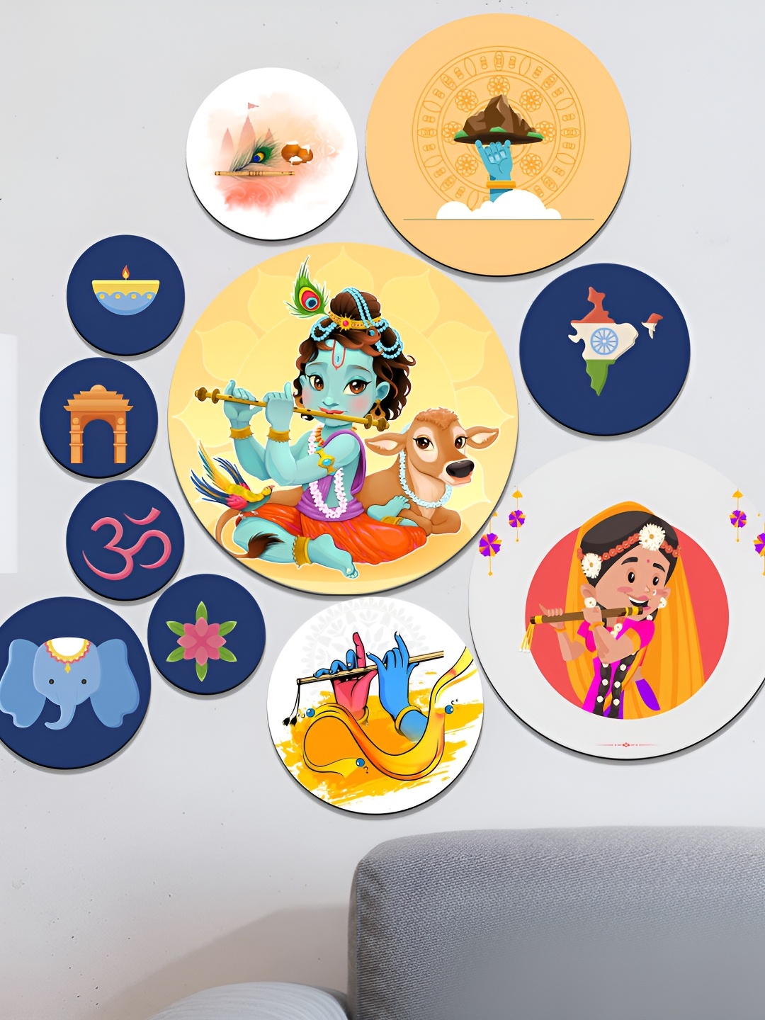 

SAF Blue & Yellow 11 Pieces Radha Krishna Wooden Wall Hanging