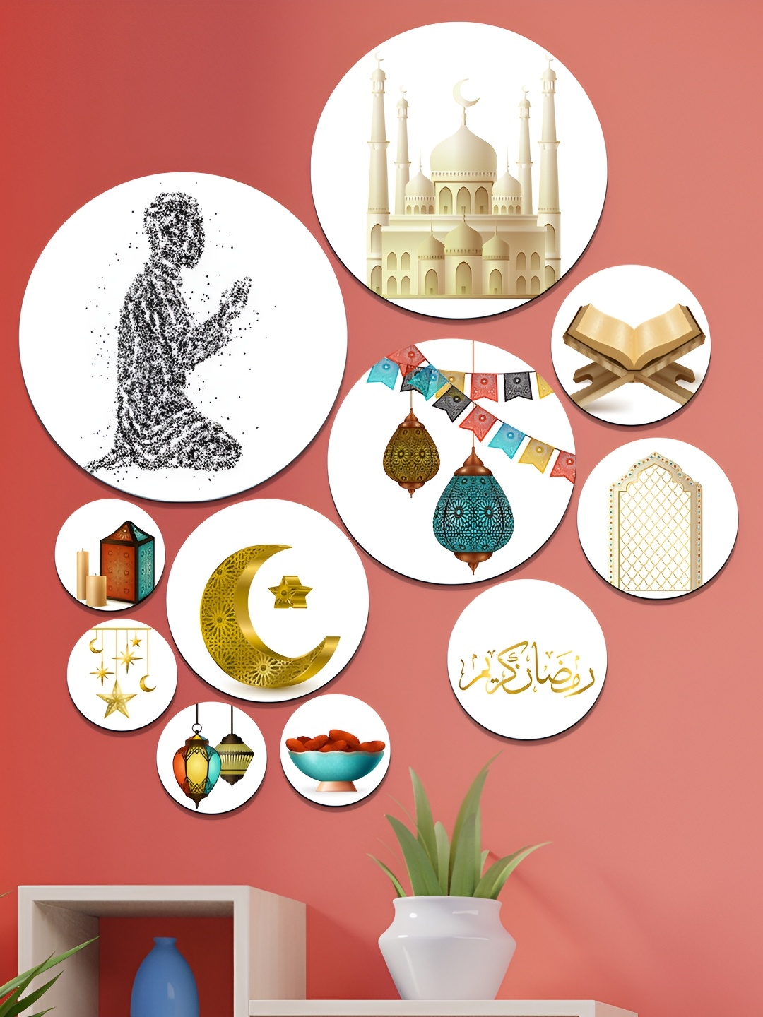 

SAF White & Green 11 Pieces Islamic Religious MDF Round Shaped Wooden Wall Hangings