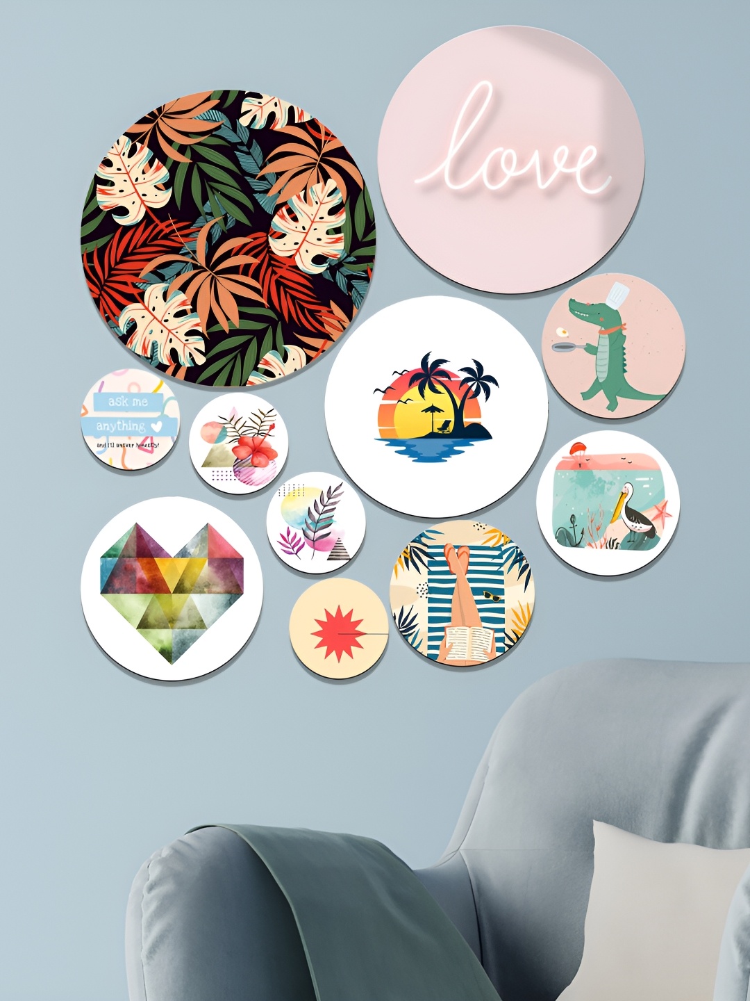 

SAF White 11 Pieces Floral Animal Tropical & Typography Print MDF Wooden Wall Hangings