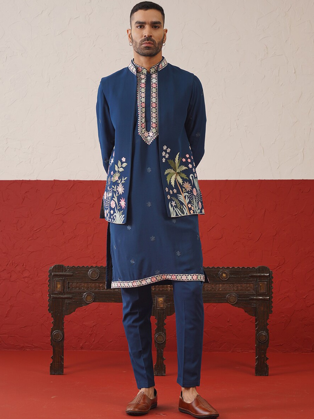 

KALPRAAG Floral Embroidered Mandarin Collar Sequinned Jacket Kurta & Trousers, Blue