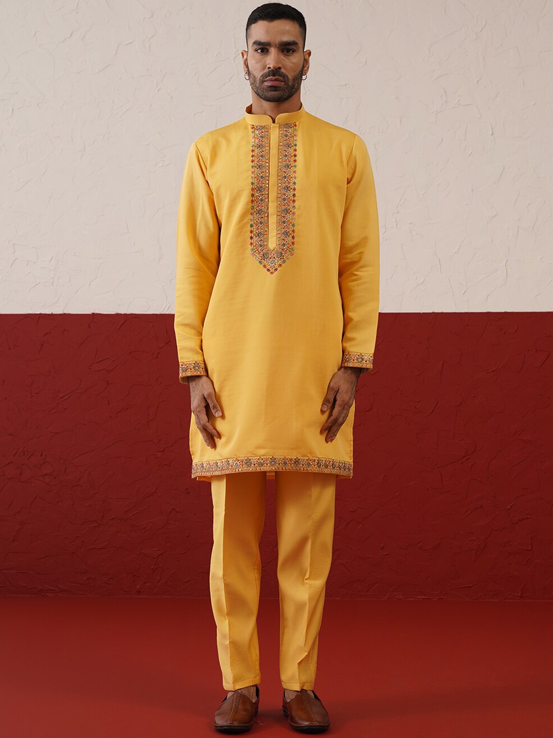 

KALPRAAG Embroidered Mandarin Collar Long Sleeves Thread Work Cotton Kurta Set, Yellow