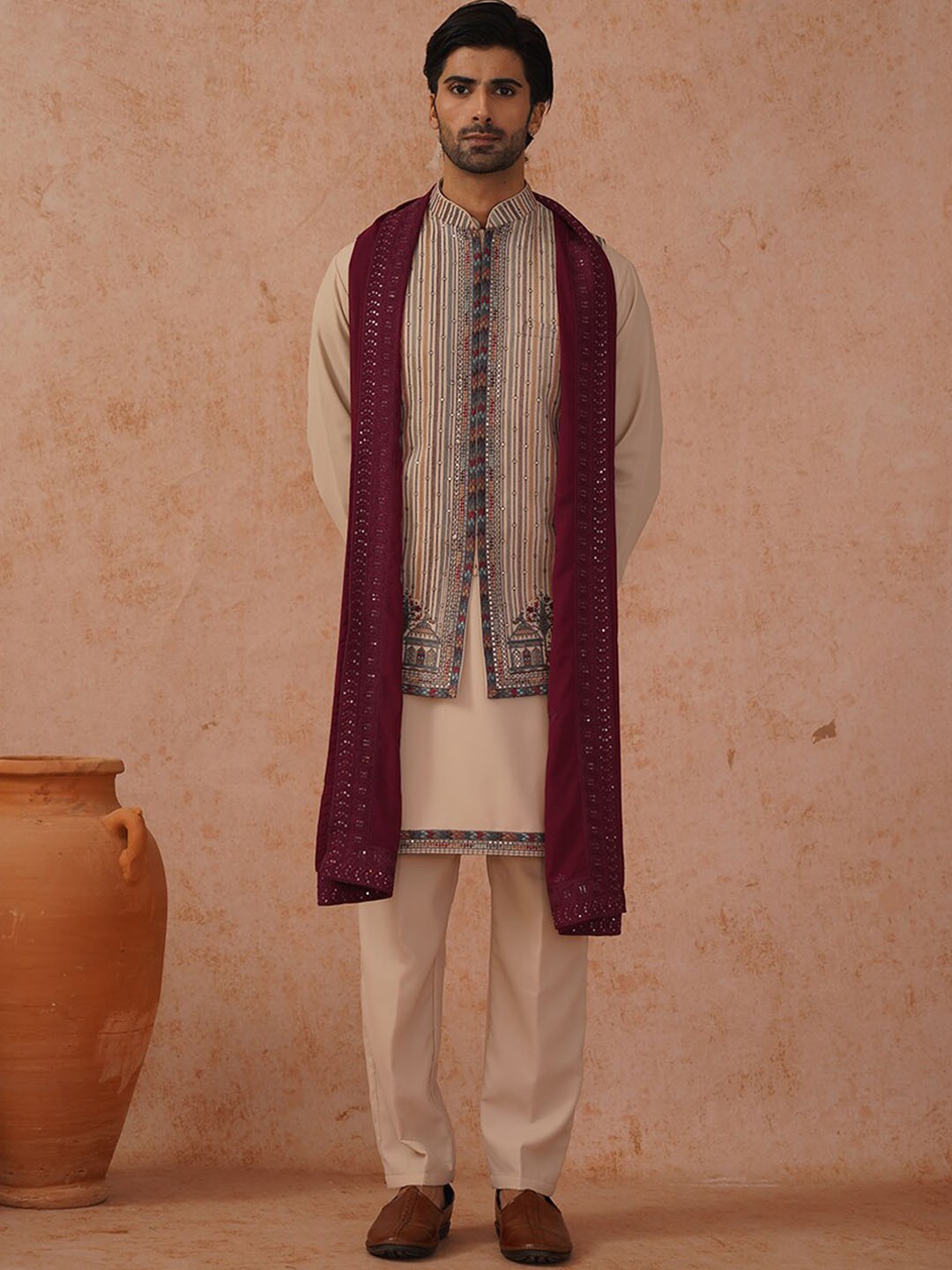 

KALPRAAG Ethnic Motifs Embroidered Regular Sequinned Kurta with Trousers & Dupatta, Beige