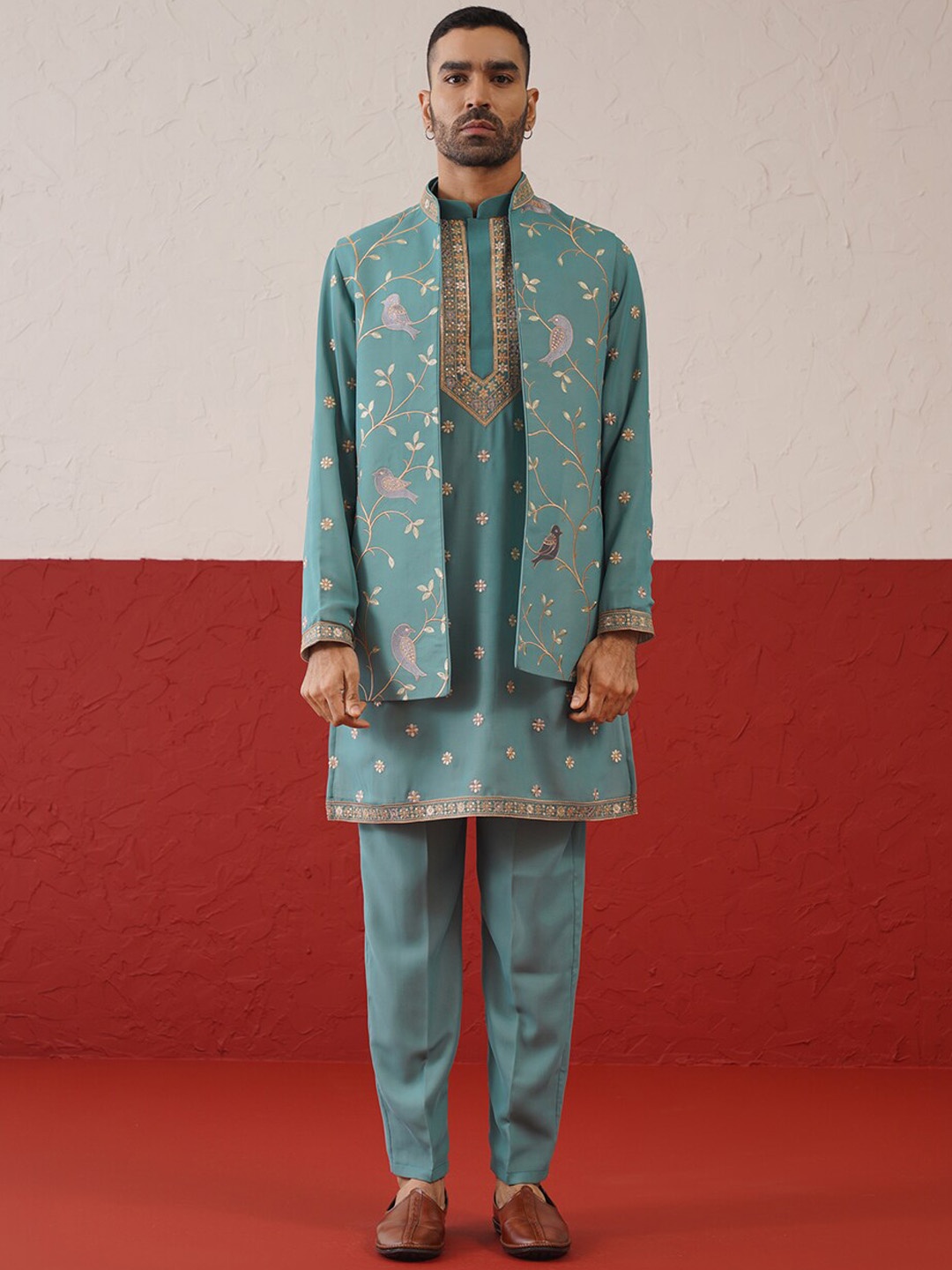 

KALPRAAG Ethnic Motifs Mandarin Collar Long Sleeves Thread Work Georgette Kurta Set, Teal
