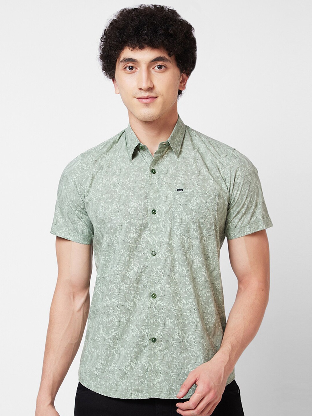 

SPYKAR Spread Collar Short Sleeves Printed Casual Cotton Shirt, Green