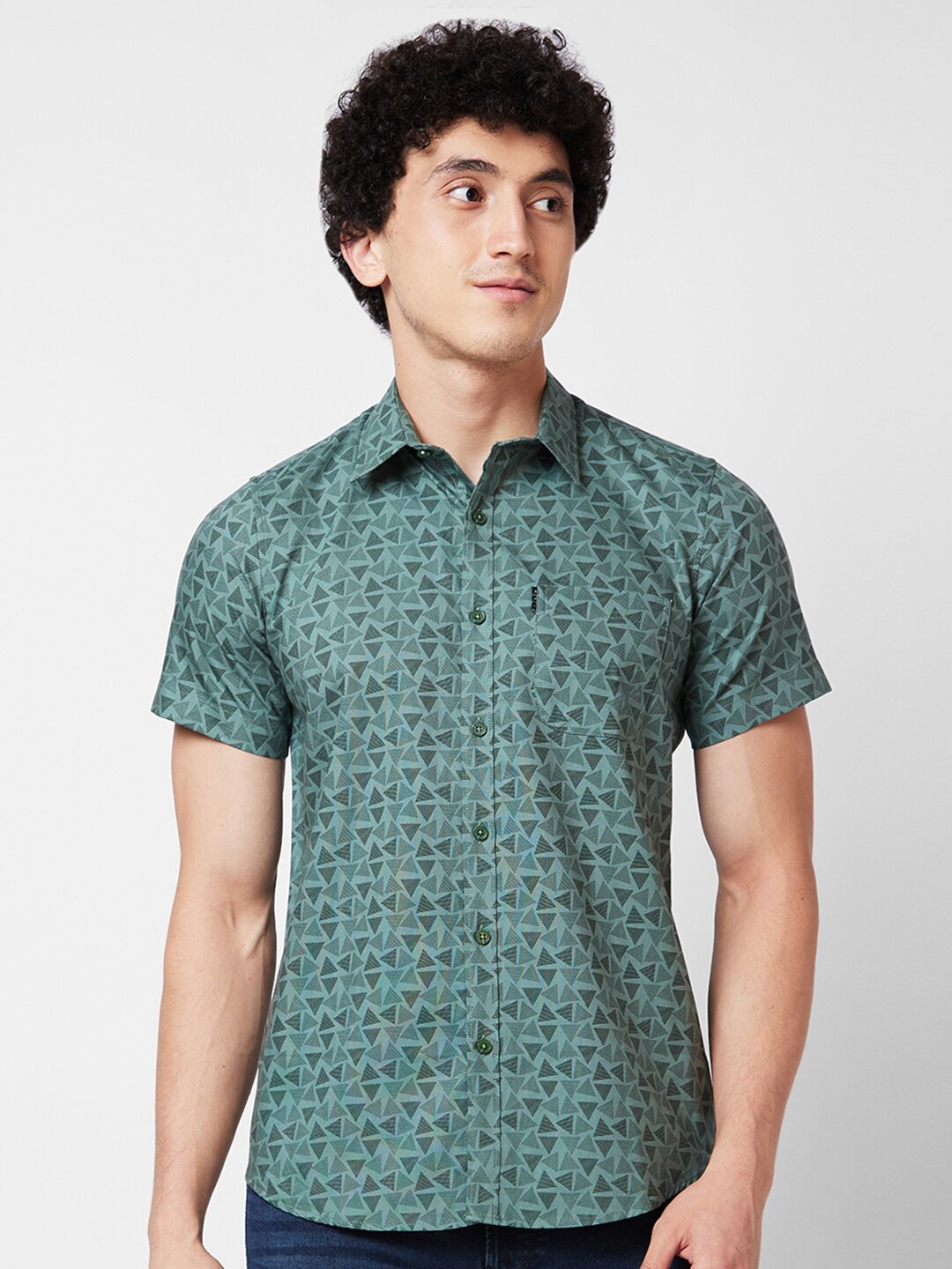 

SPYKAR spread collar Short Sleeves Printed Casual Cotton Shirt, Green