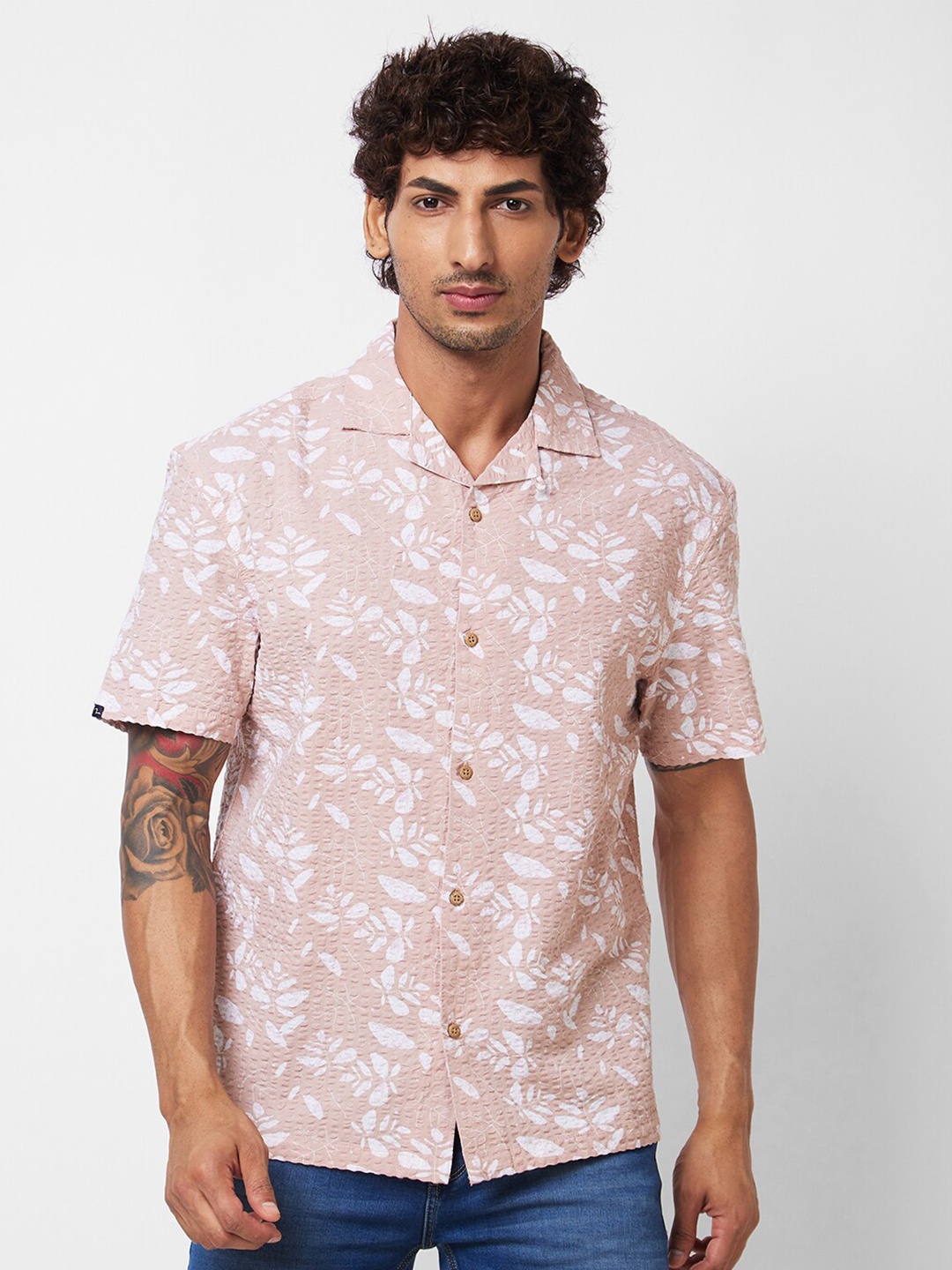 

SPYKAR Spread Collar Floral Printed Opaque Printed Cotton Casual Shirt, Pink