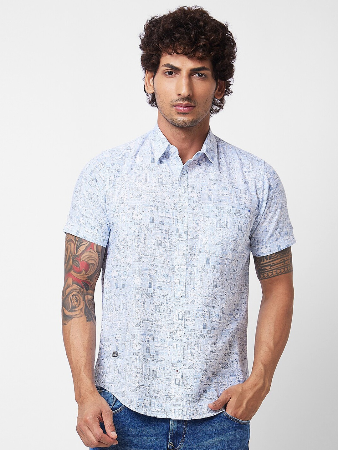 

SPYKAR Spread Collar Opaque Printed Cotton Casual Shirt, Blue