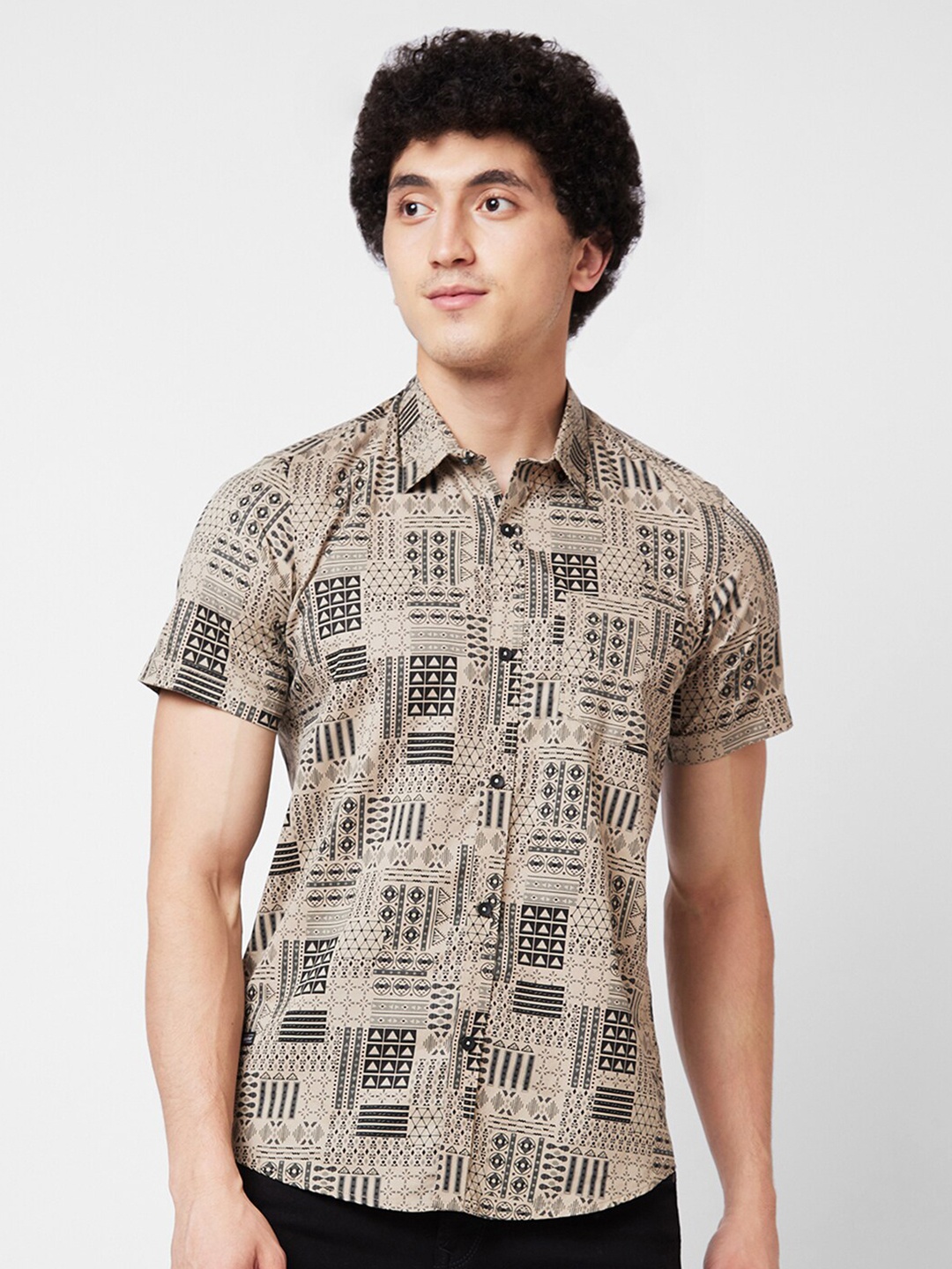 

SPYKAR Abstract Opaque Printed Cotton Casual Shirt, Khaki