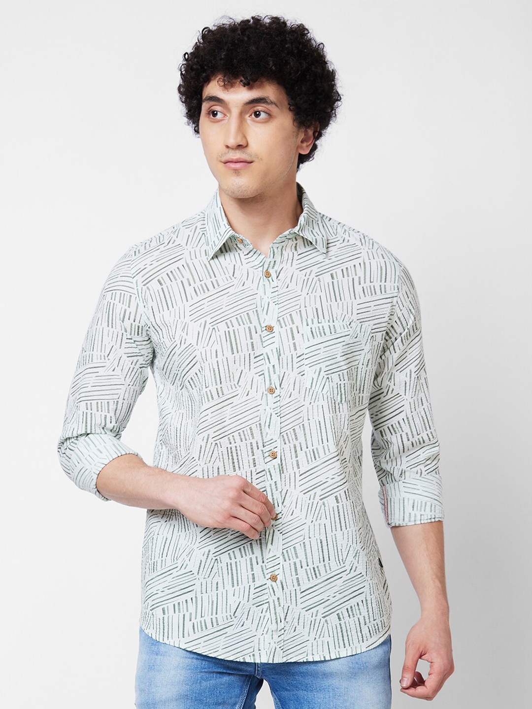 

SPYKAR Abstract Printed Cotton Opaque Casual Shirt, Green