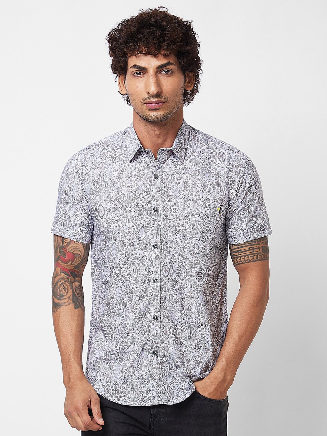 

SPYKAR Floral Opaque Printed Cotton Casual Shirt, Grey