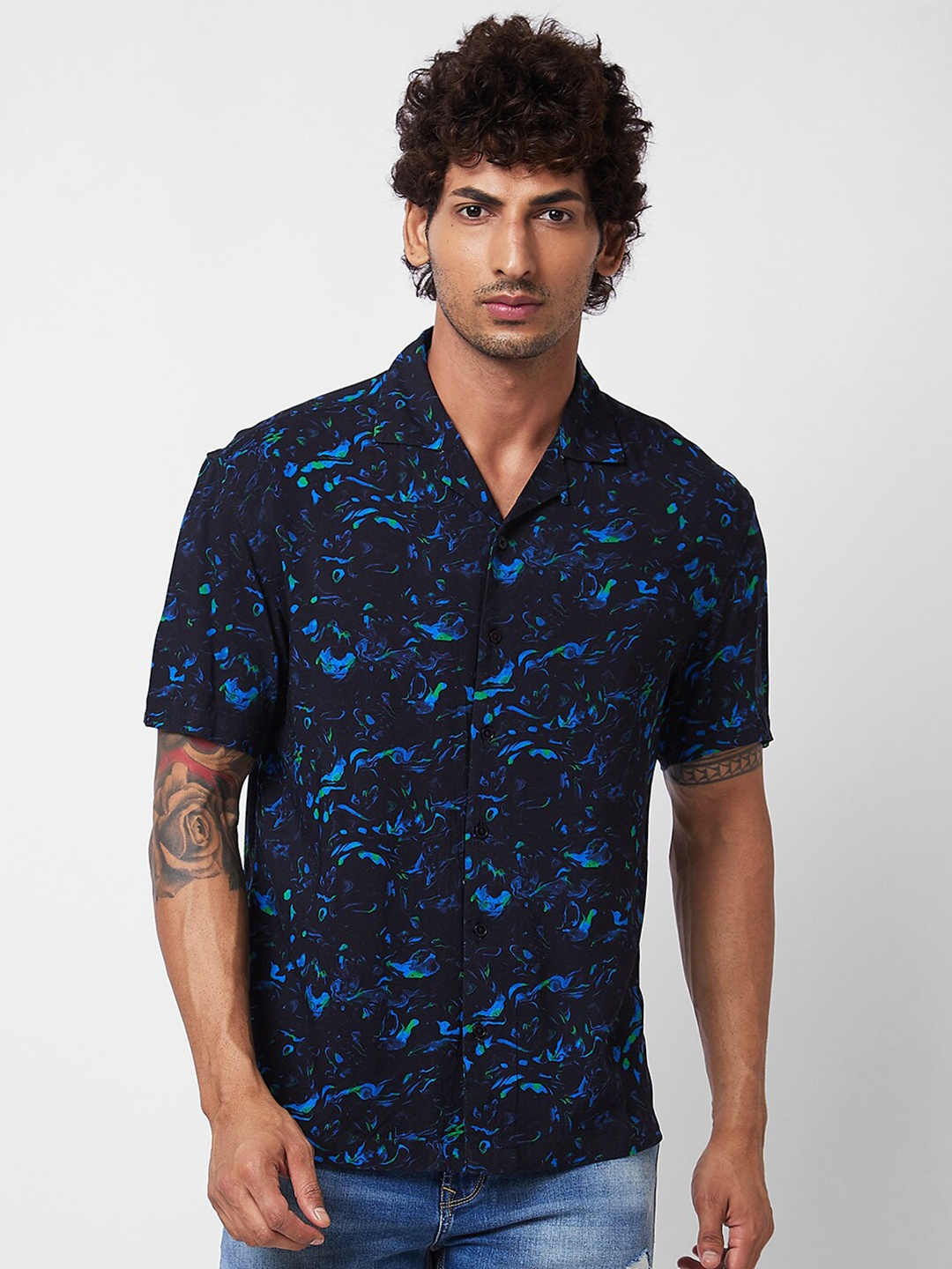 

SPYKAR spread collar Short Sleeves Printed Casual Cotton Shirt, Blue