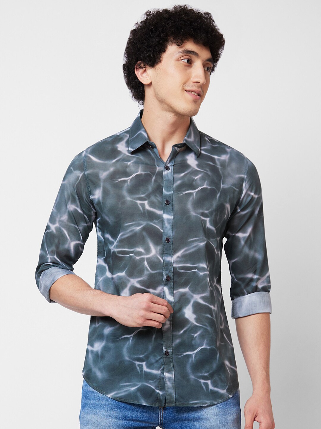 

SPYKAR Spread Collar Long Sleeves Abstract Printed Cotton Casual Shirt, Grey