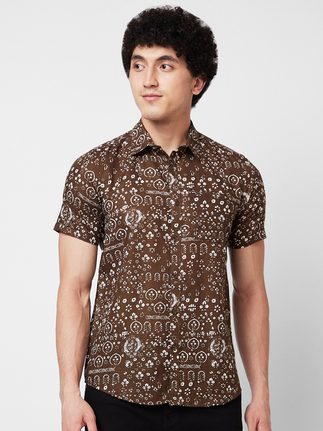 

SPYKAR Floral Opaque Printed Cotton Casual Shirt, Brown
