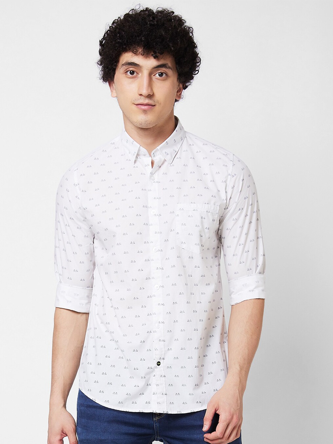 

SPYKAR spread collar Long Sleeves Printed Casual Cotton Shirt, White