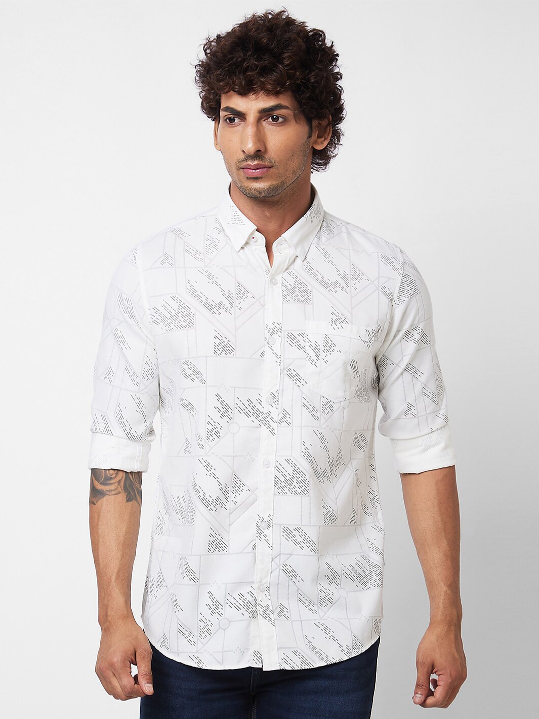 

SPYKAR Spread Collar Abstract Opaque Printed Cotton Casual Shirt, White