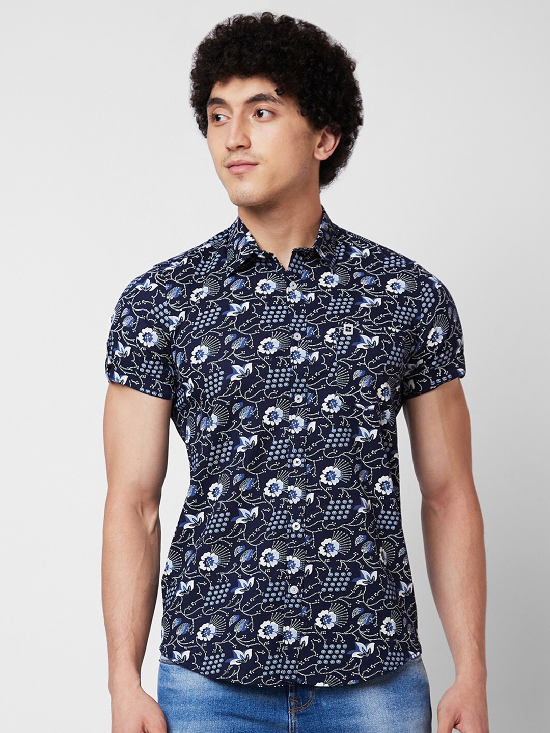 

SPYKAR Spread Collar Short Sleeves Floral Printed Casual Cotton Shirt, Blue