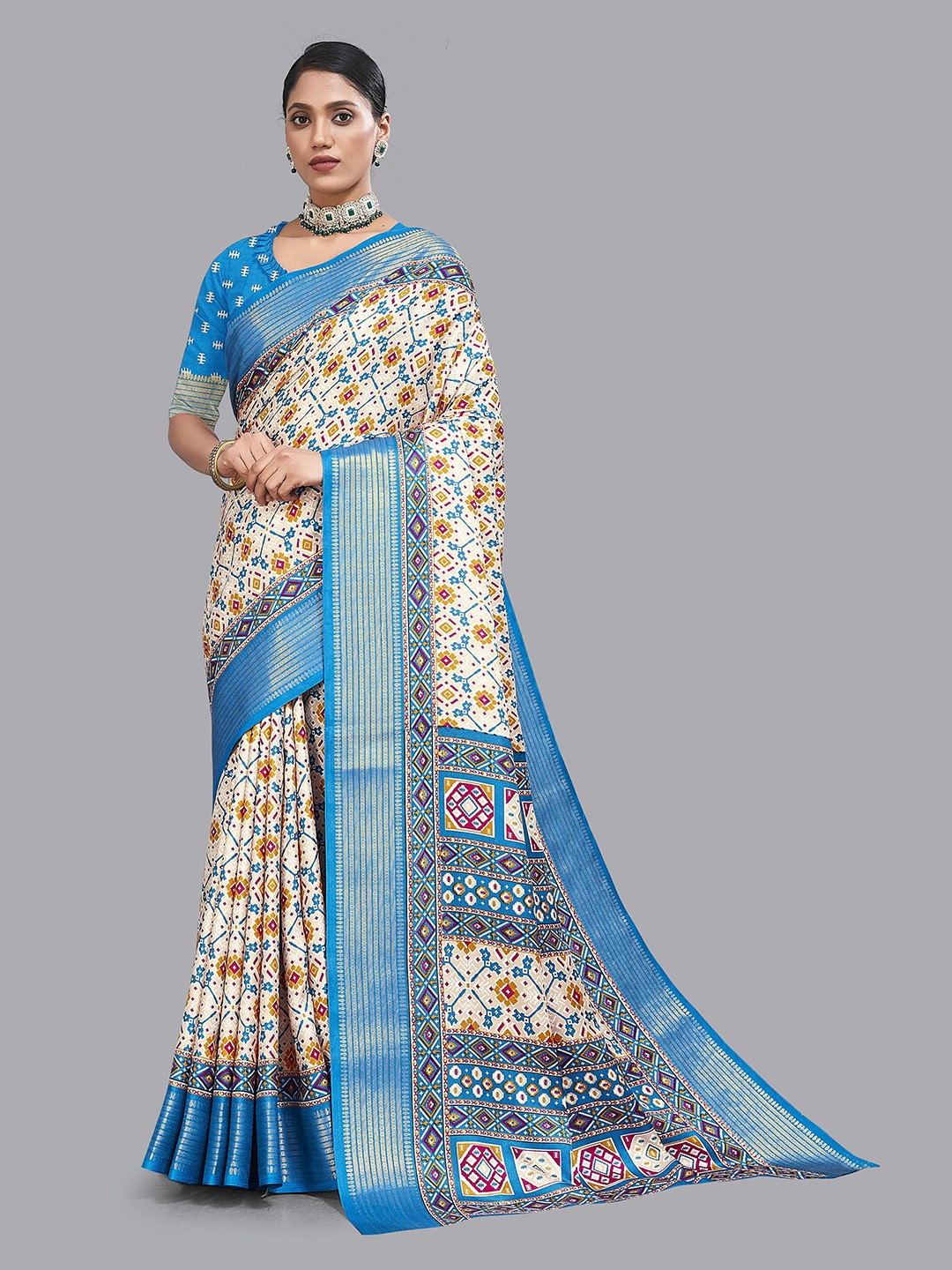 

Lyunica Geometric Printed Zari Pashmina Pochampally Saree, Blue
