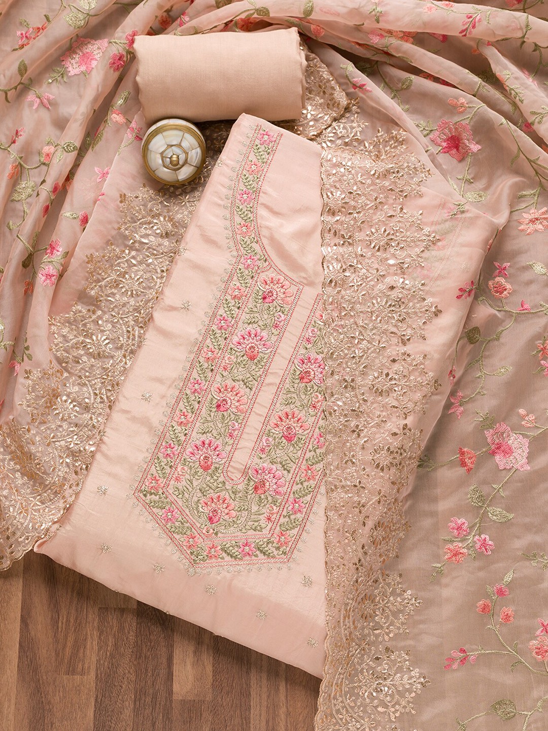 

Koskii Floral Embroidered Sequinned Unstitched Dress Material, Beige