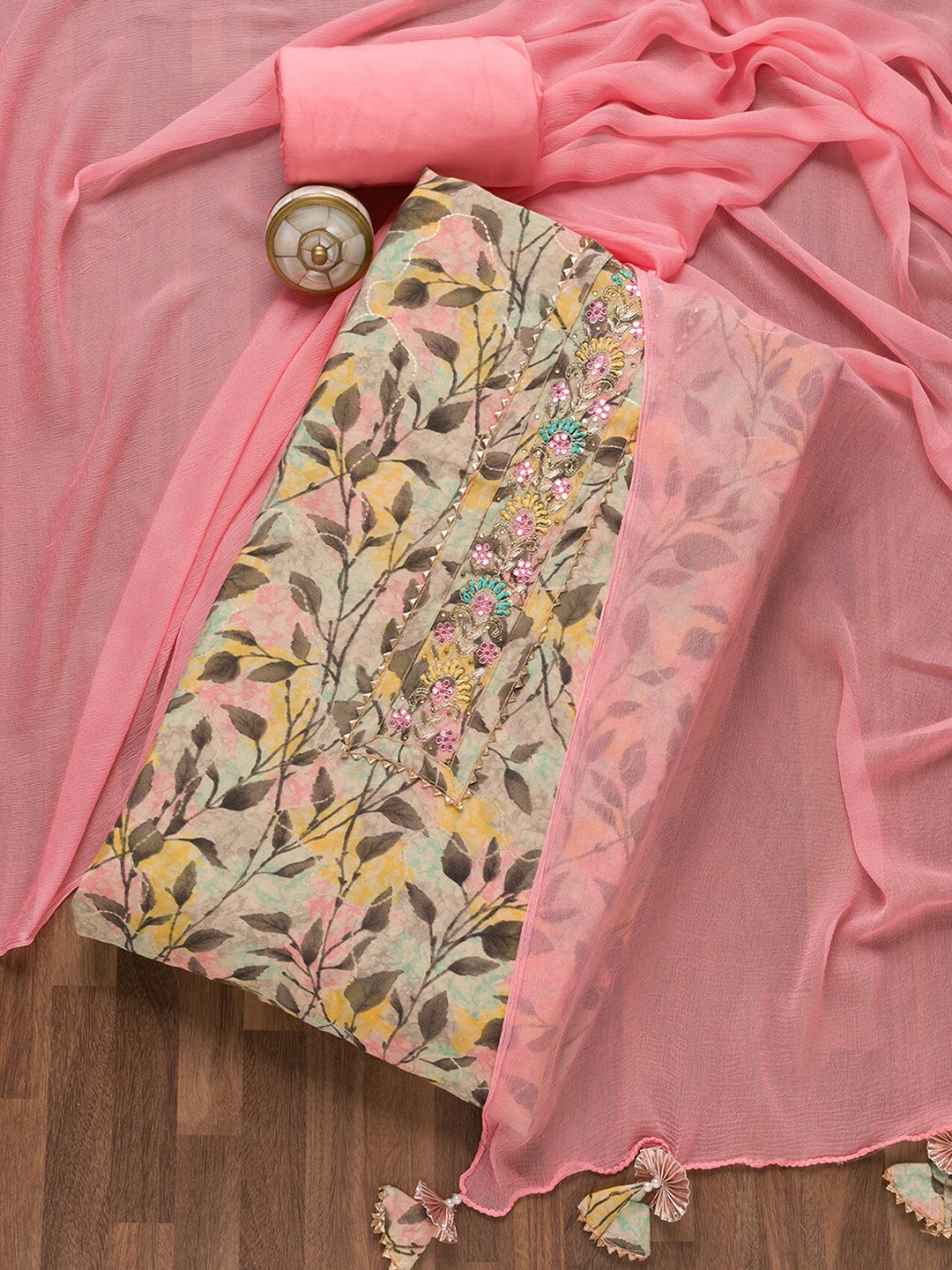 

Koskii Floral Printed Sequinned Unstitched Dress Material, Pink