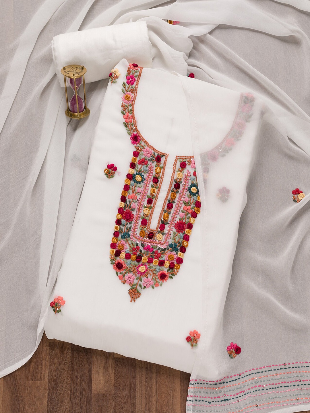 

Koskii Floral Embroidered Unstitched Dress Material, White