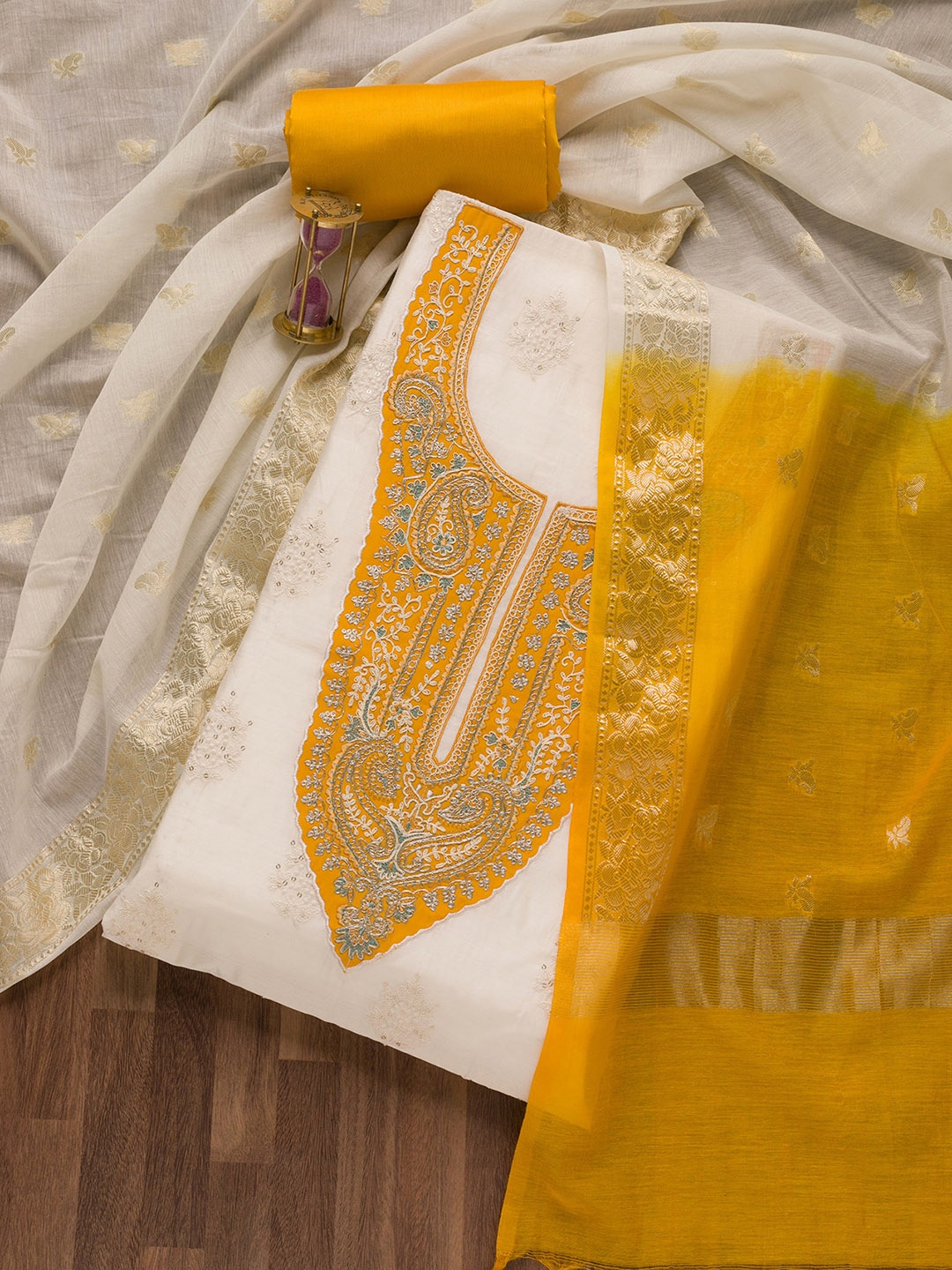 

Koskii Threadwork Embroidered Pure Cotton Unstitched Dress Material, Mustard