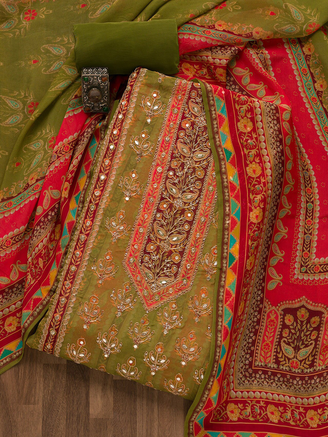 

Koskii Ethnic Motif Embroidered Sequinned Unstitched Dress Material, Green