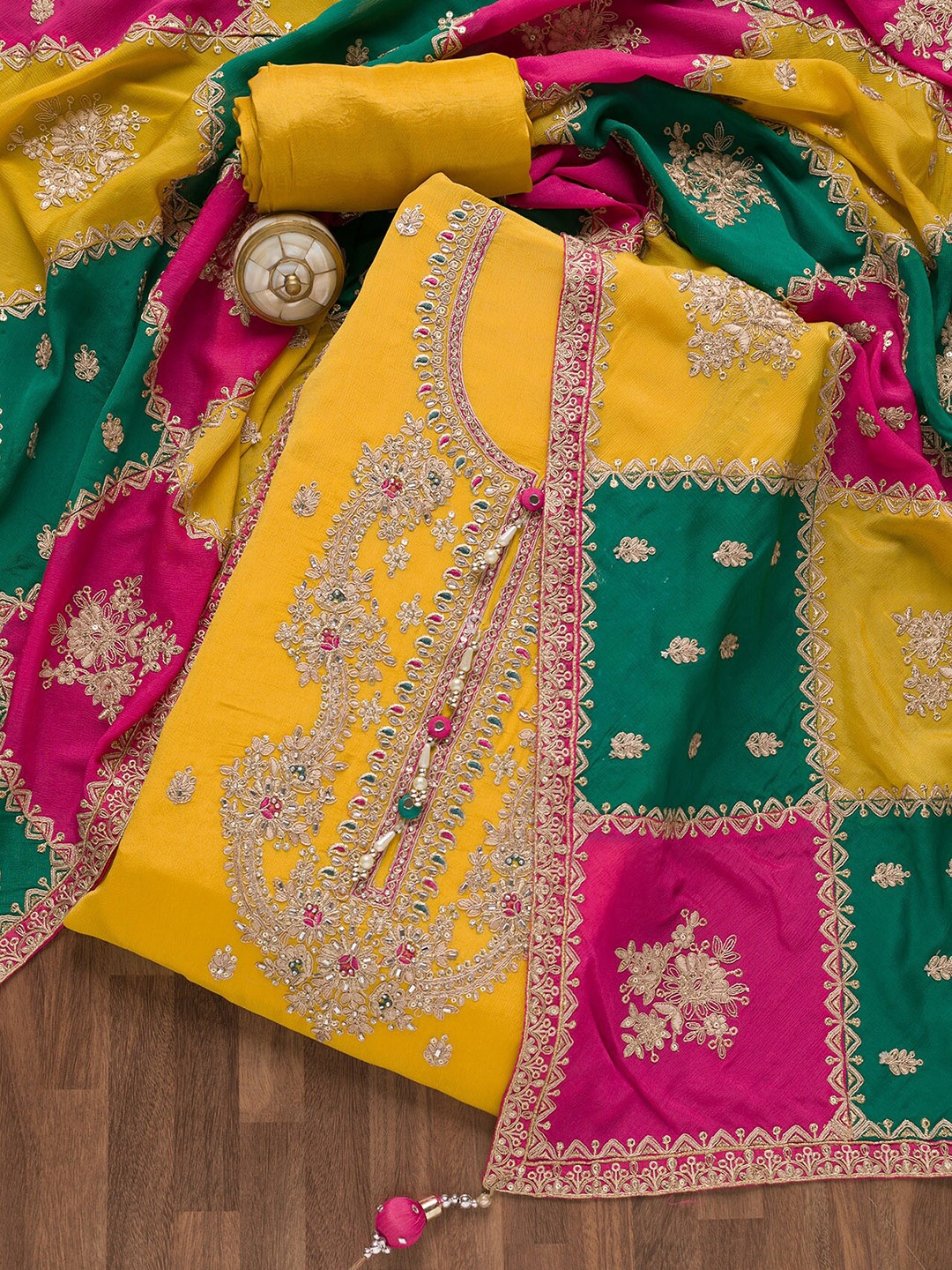 

Koskii Ethnic Motif Embroidered Sequinned Unstitched Dress Material, Yellow