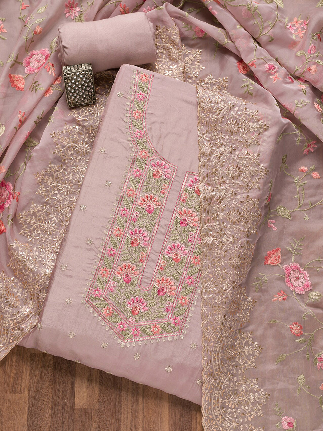 

Koskii Ethnic Motif Embroidered Sequinned Unstitched Dress Material, Mauve