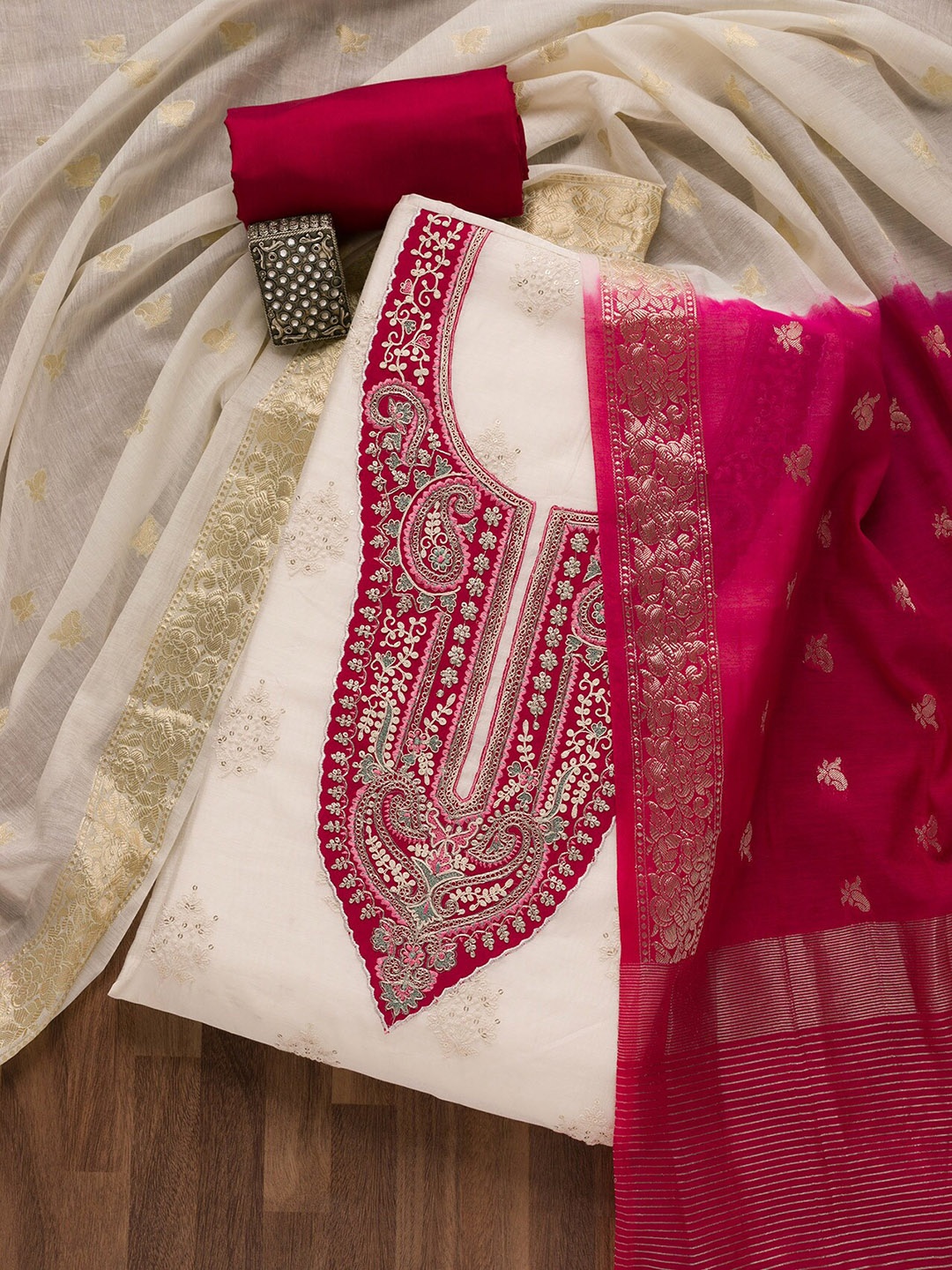 

Koskii Ethnic Motif Embroidered Unstitched Dress Material, Cream
