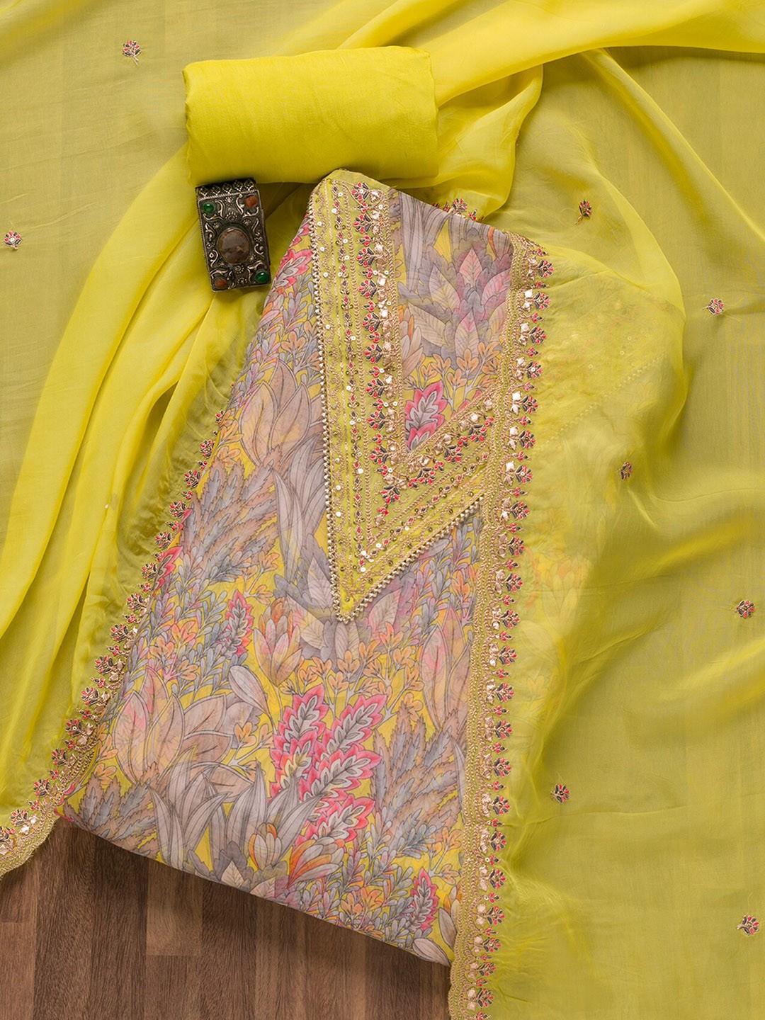 

Koskii Floral Printed Sequinned Unstitched Dress Material, Yellow