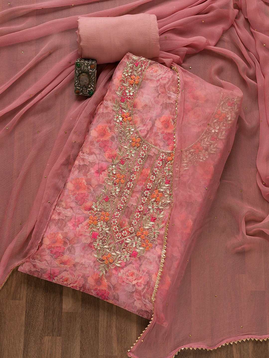 

Koskii Floral Printed Sequinned Unstitched Dress Material, Pink