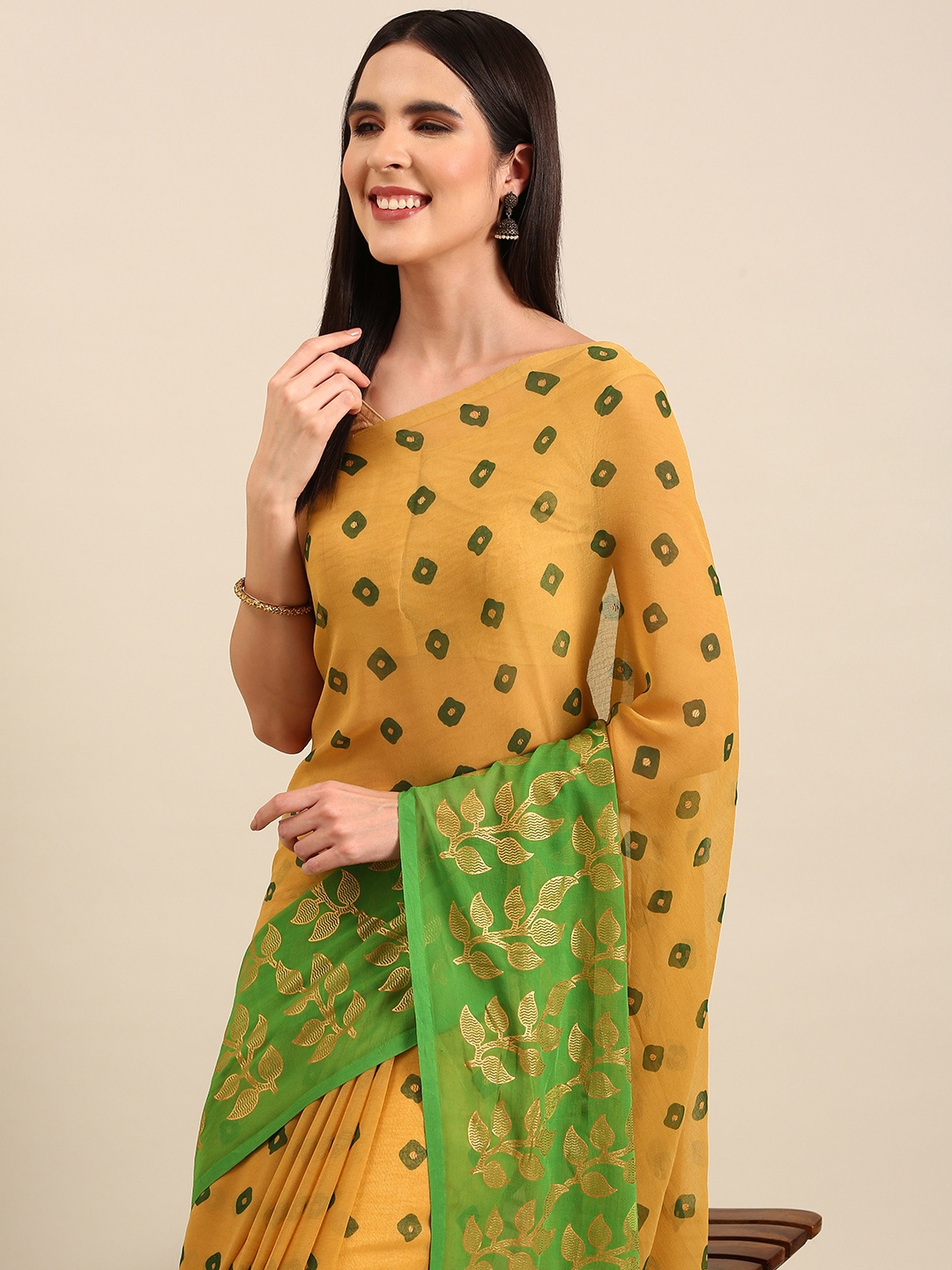 

HERE&NOW Printed Zari Pure Georgette Saree, Green