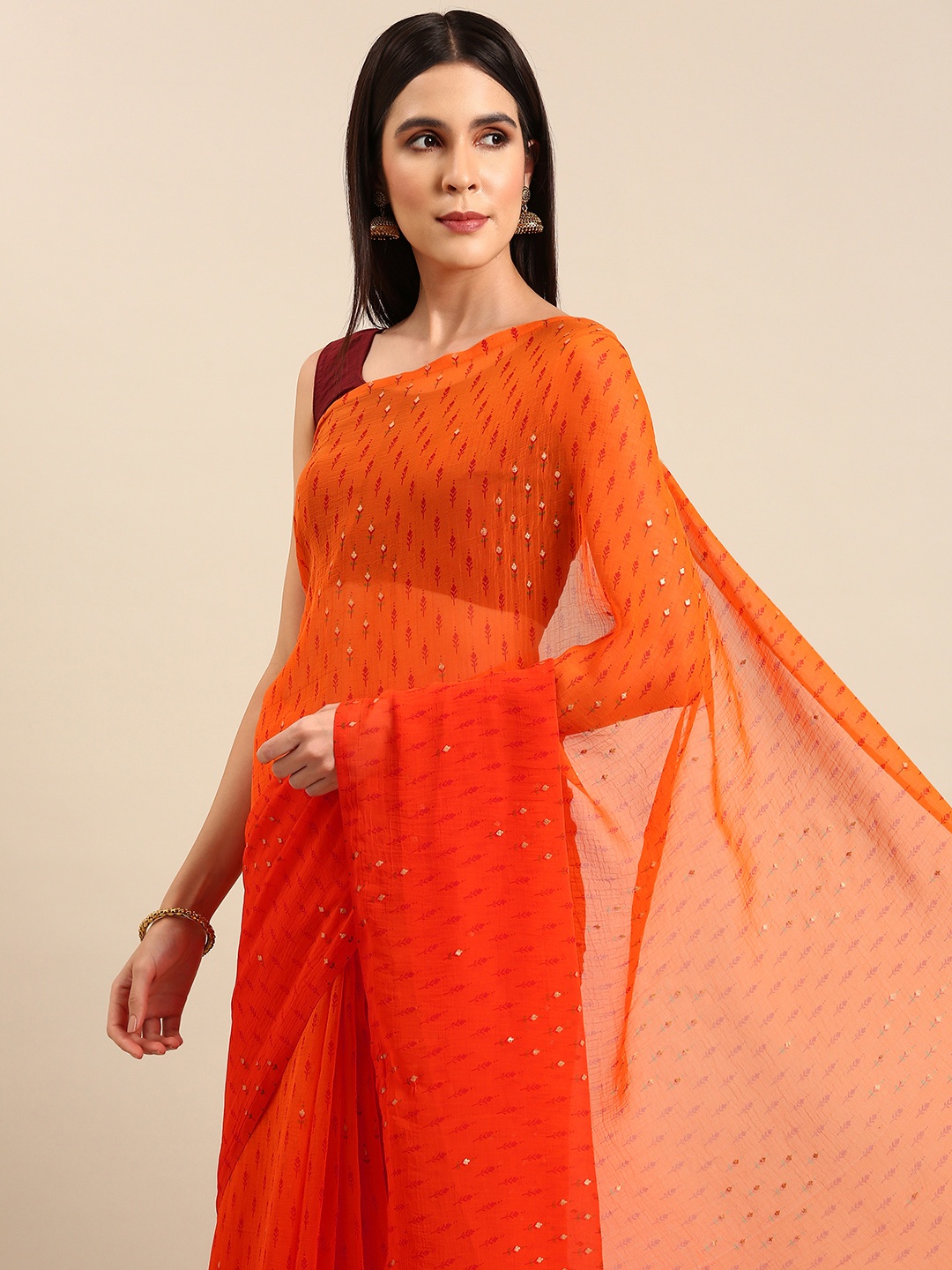 

HERE&NOW Floral Poly Georgette Saree, Orange