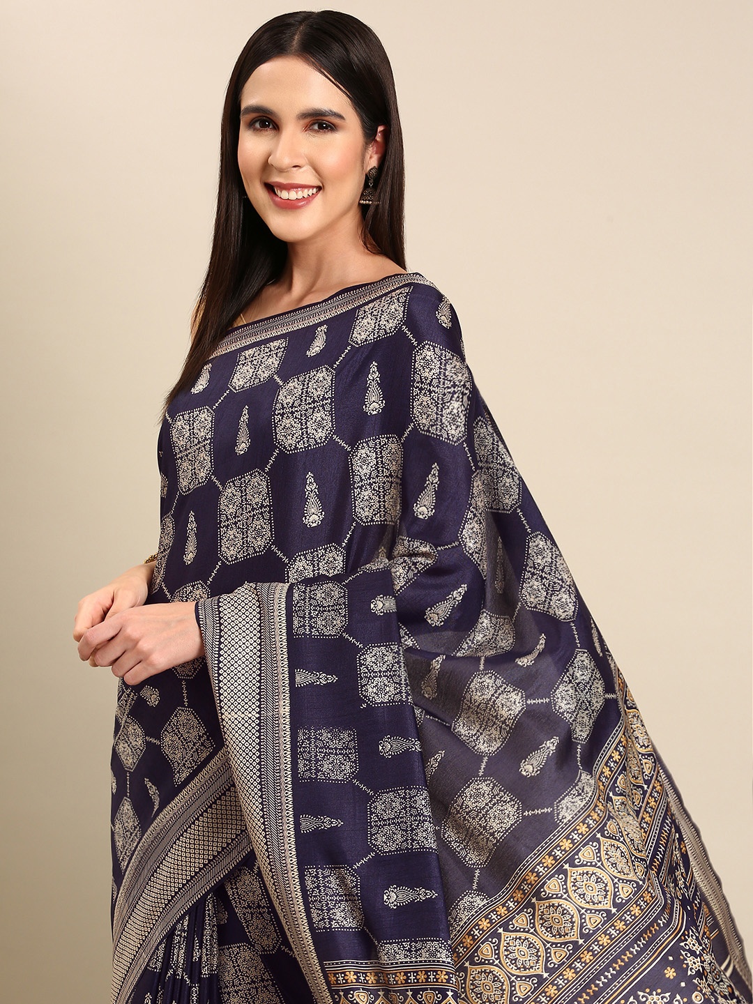 

HERE&NOW Ethnic Motifs Art Silk Saree, Navy blue