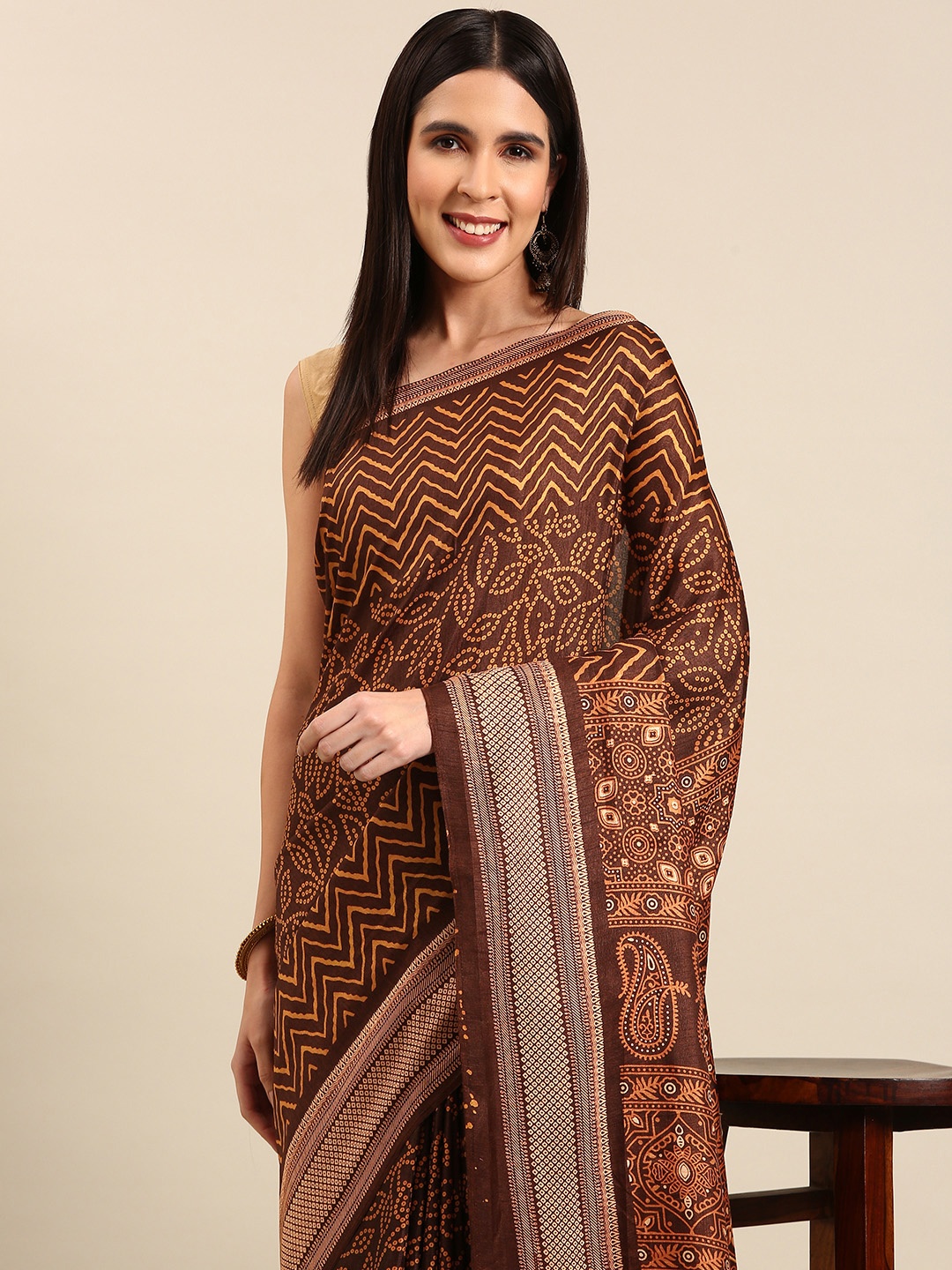 

HERE&NOW Bandhani Art Silk Saree, Coffee brown