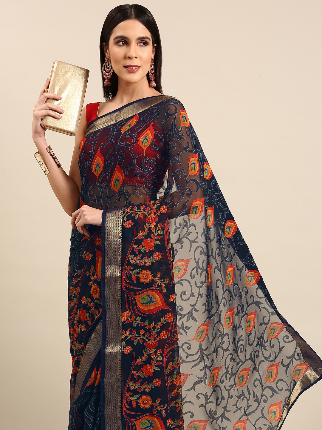 

HERE&NOW Floral Zari Brasso Saree, Navy blue