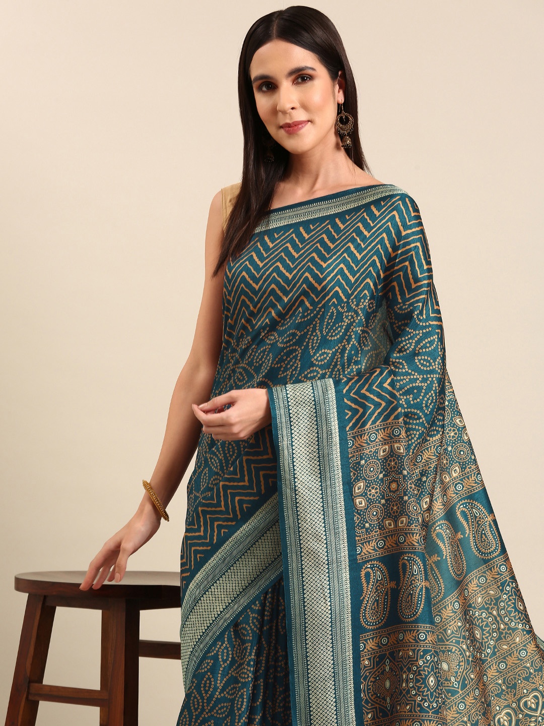 

HERE&NOW Bandhani Art Silk Saree, Navy blue