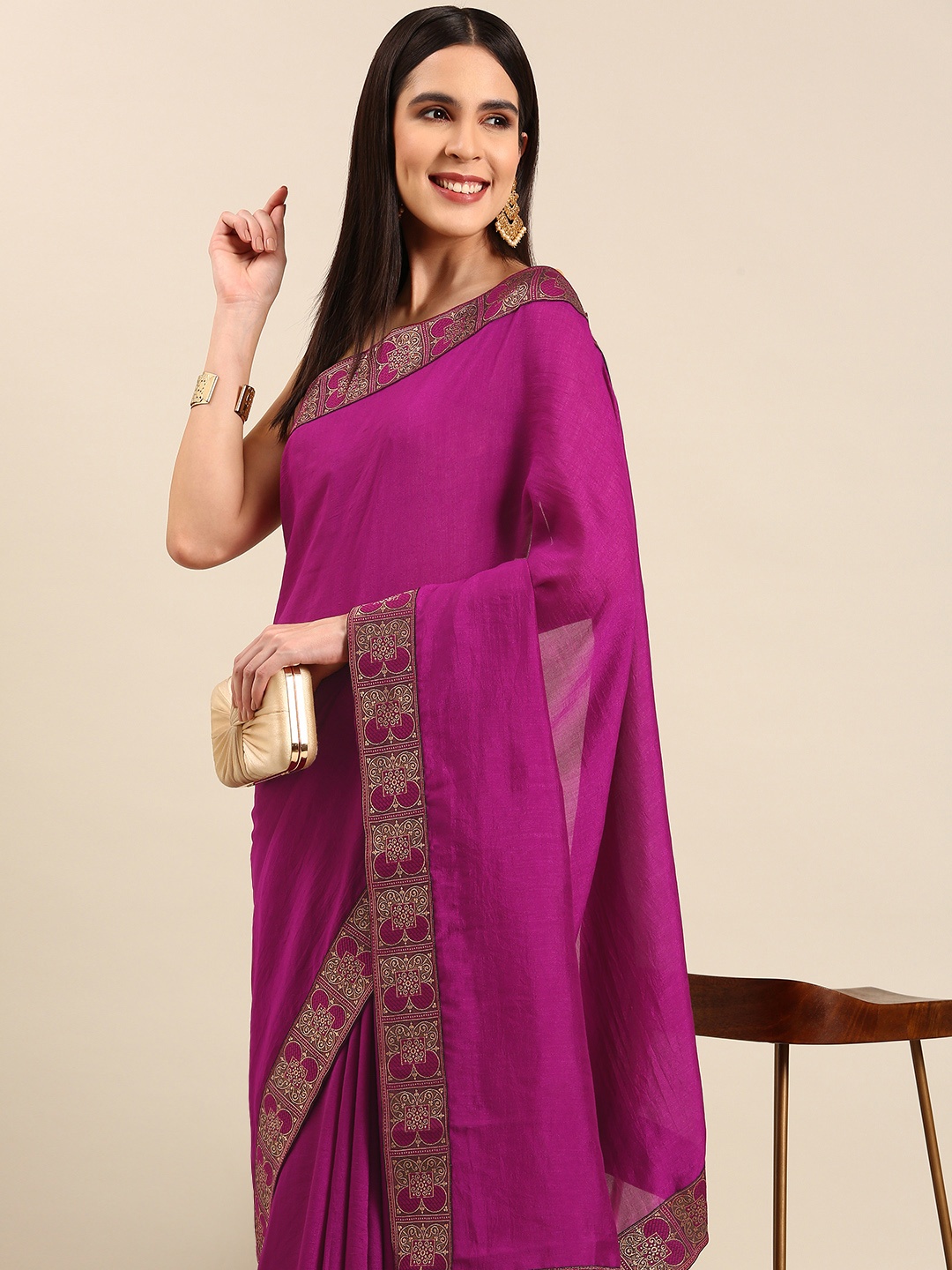 HERE&NOW Zari Art Silk Saree, Pink