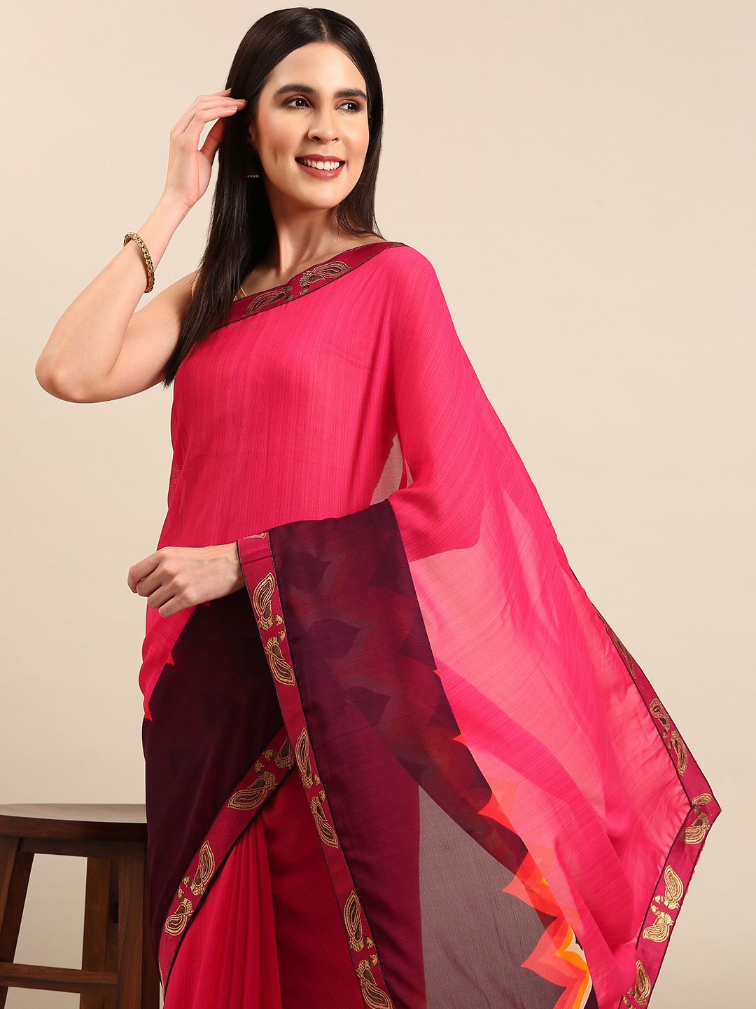 

HERE&NOW Colourblocked Zari Pure Georgette Saree, Pink