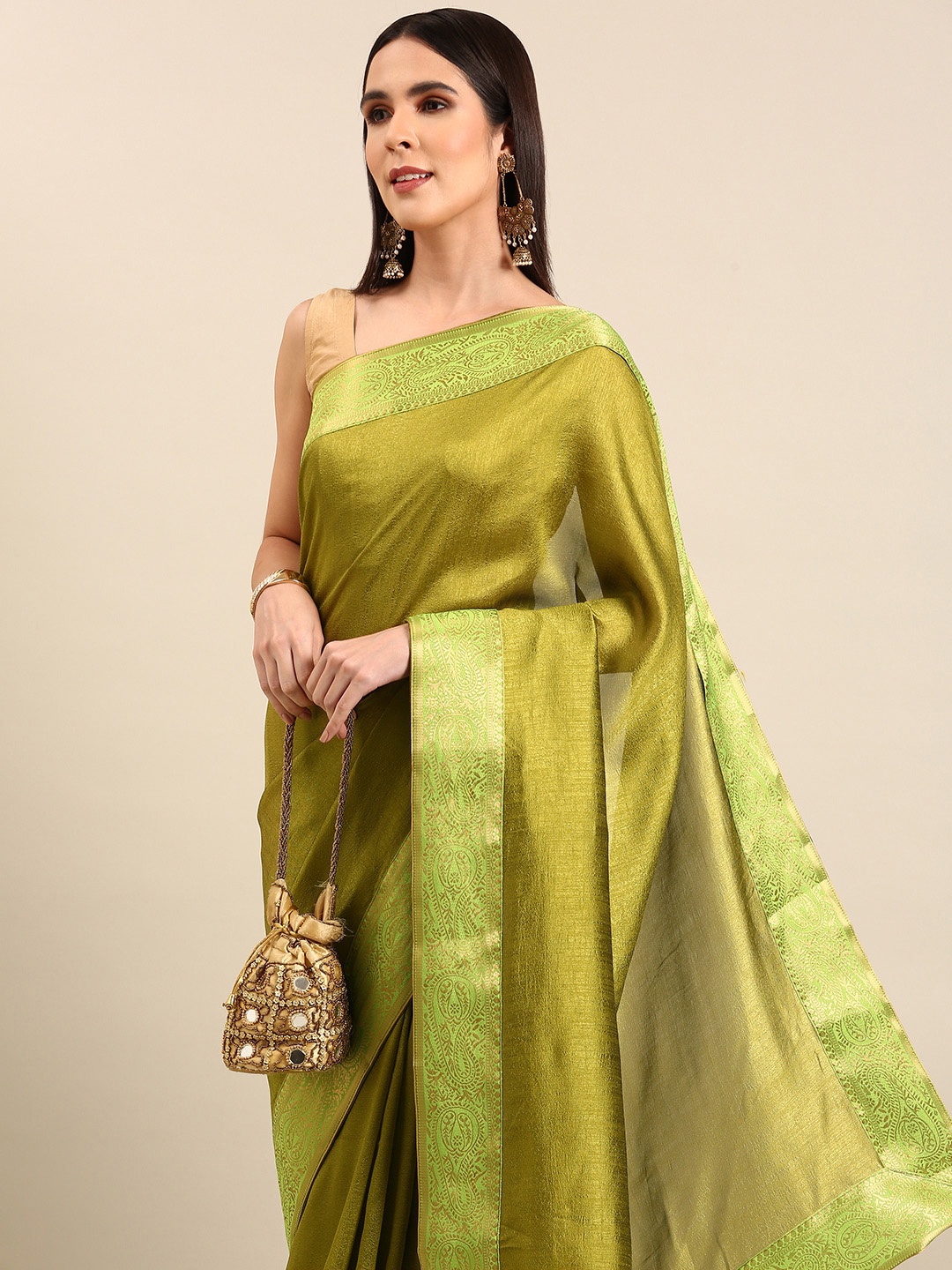 

HERE&NOW Zari Art Silk Saree, Olive