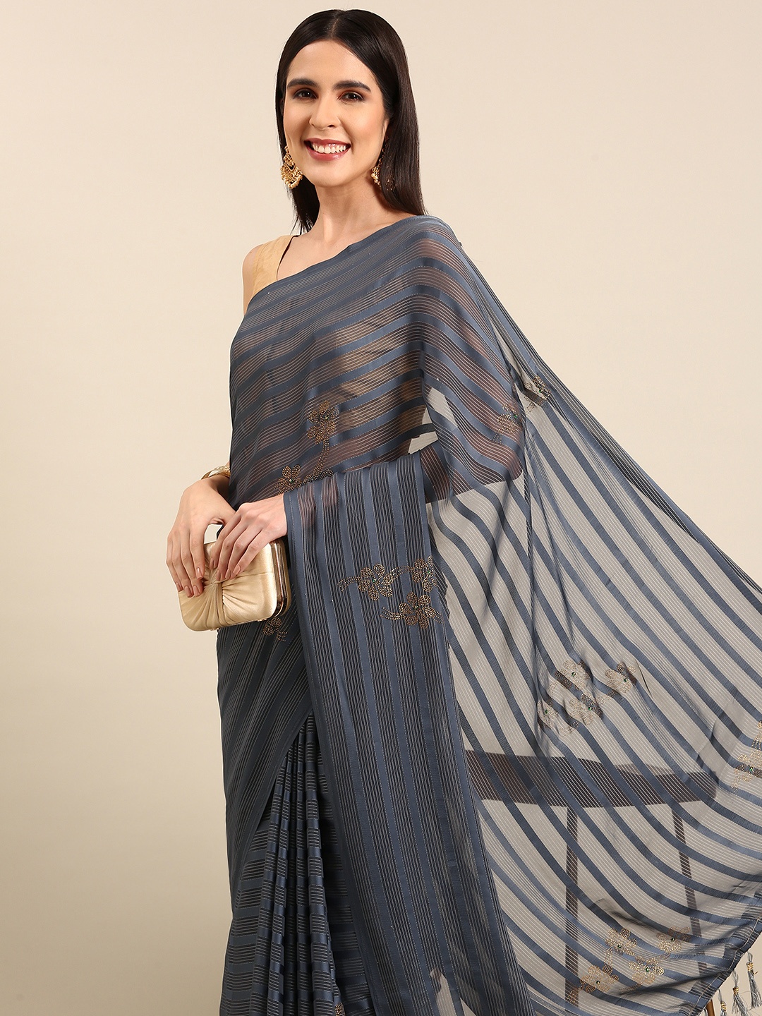 

HERE&NOW Striped Beads and Stones Pure Georgette Saree, Blue