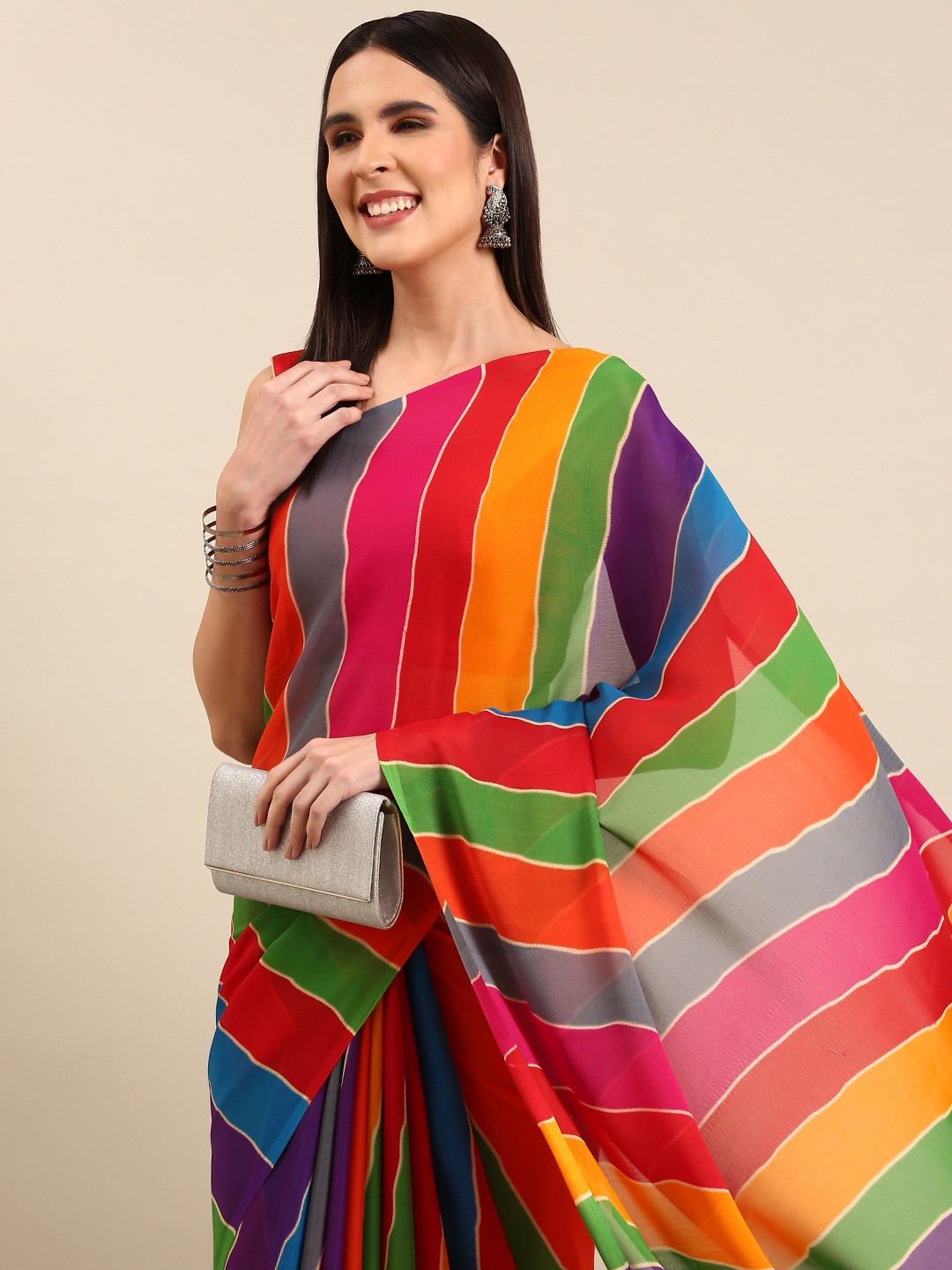 

HERE&NOW Striped Poly Georgette Saree, Multi