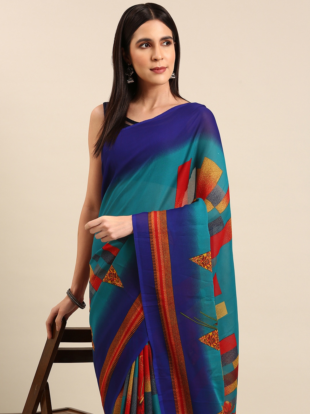 

HERE&NOW Printed Poly Georgette Saree, Blue