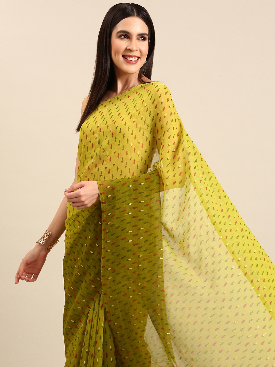 HERE&NOW Floral Pure Georgette Saree, Olive