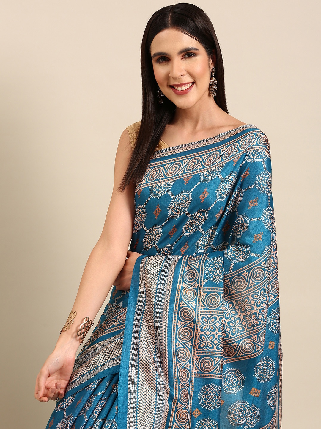 

HERE&NOW Ethnic Motifs Art Silk Saree, Turquoise blue