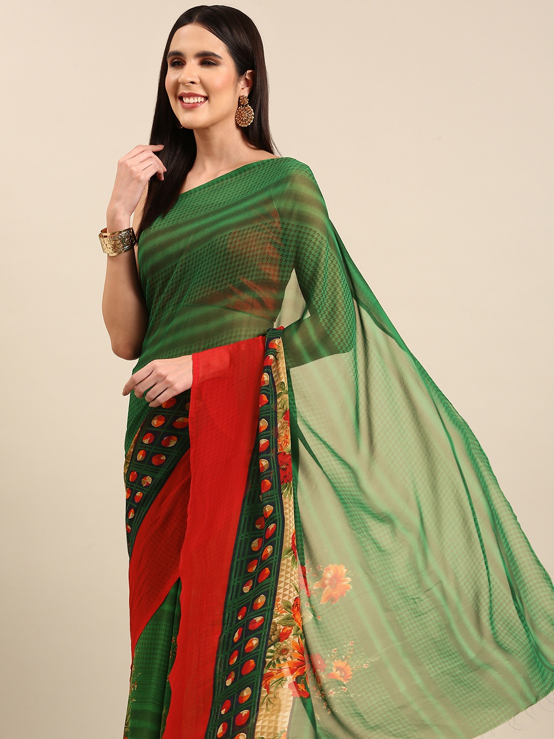 

HERE&NOW Floral Pure Georgette Saree, Teal