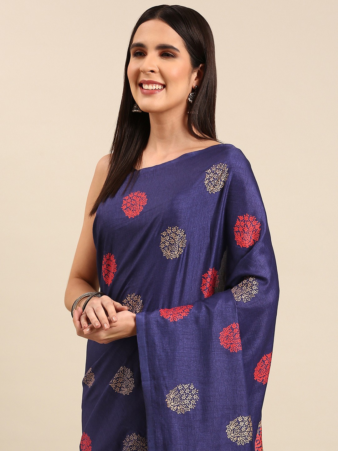 

HERE&NOW Floral Art Silk Saree, Navy blue